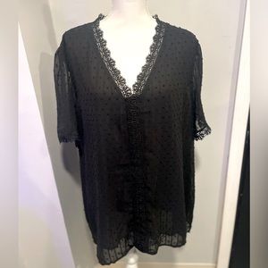 Black Swiss Dot Lace Sheer Black V-Neckline Short Sleeve Women’s Blouse (3X)